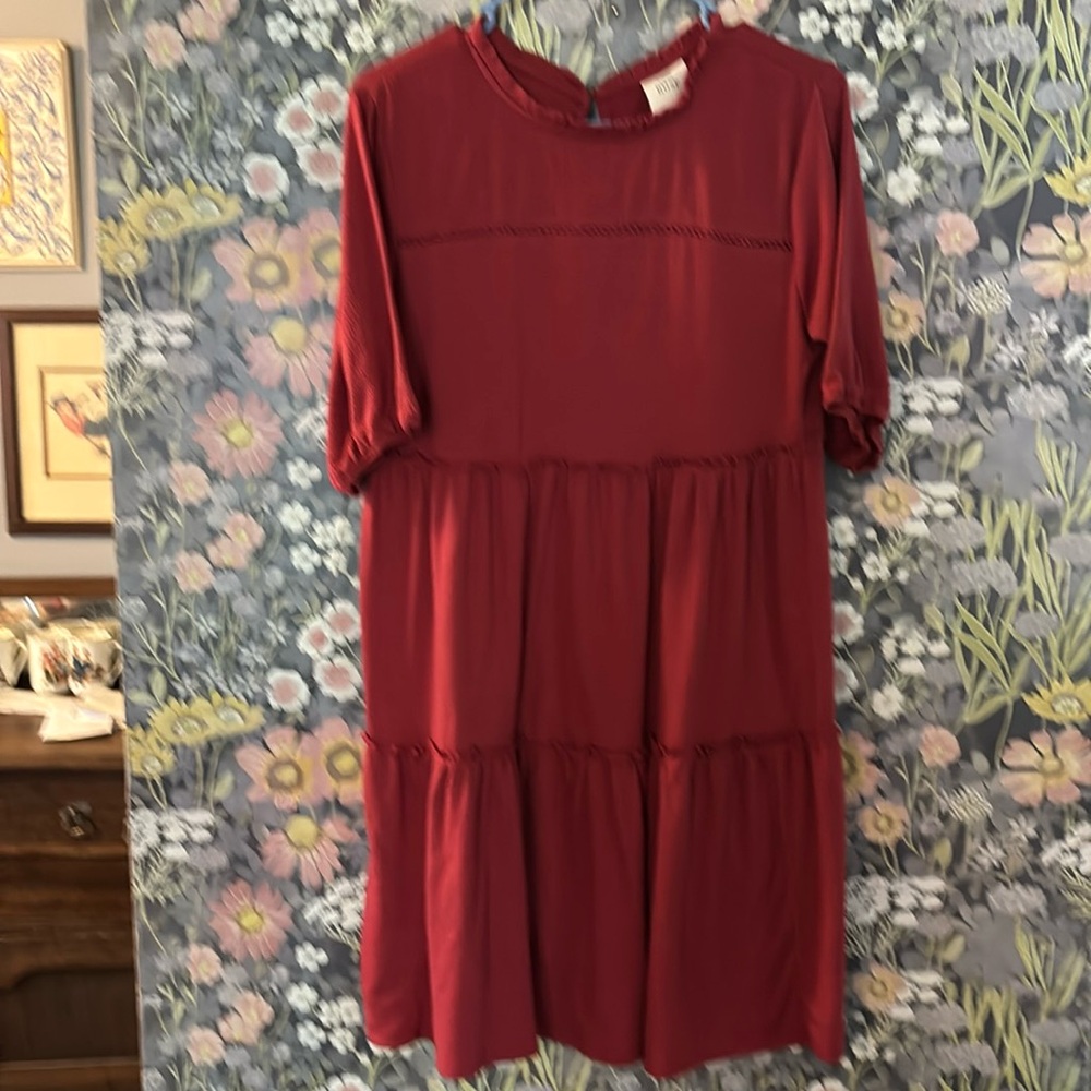 Knox Rose Tiered Rose Wine Baby Doll Ruffle Neck Mini Dress